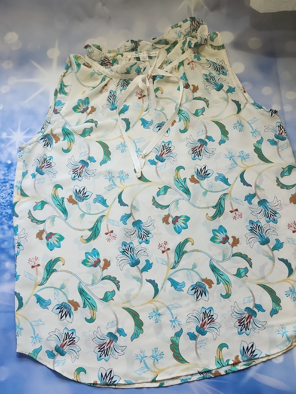 Violet & Claire Floral Blouse in Teal, Turquoise & Cream